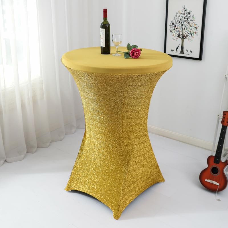 Tablecloths |   Shimmer Tinsel Spandex Cocktail Table Cover 30"-32" Round – Gold Round Linen Tablecloths Gold