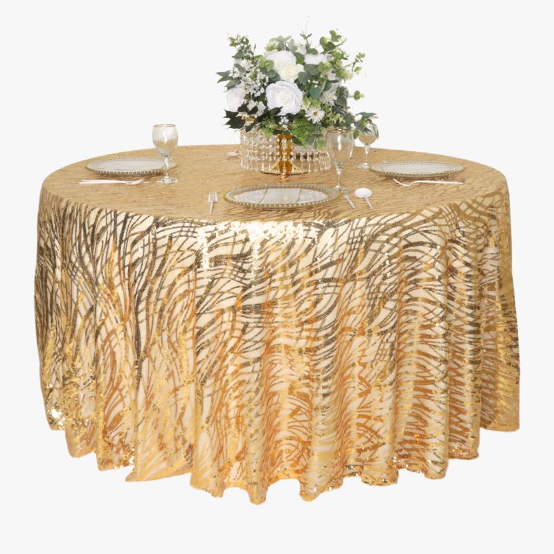 Tablecloths |   Wave Sequin Mesh Tablecloth 120" Round – Gold Round Linen Tablecloths Gold