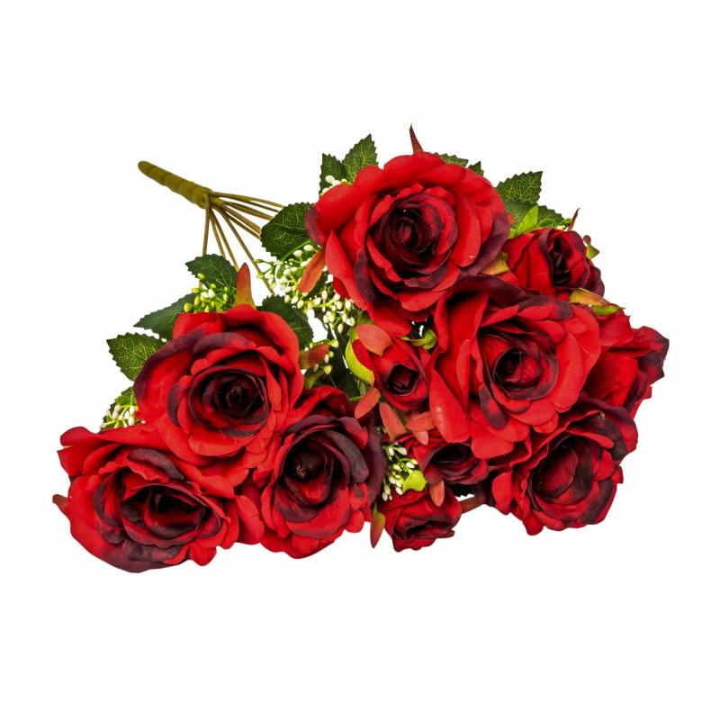 Silk Floral Bush & Stem |   Silk Rose Bush 12 Heads – Apple Red Artificial Flowers & Greeneries Apple Red